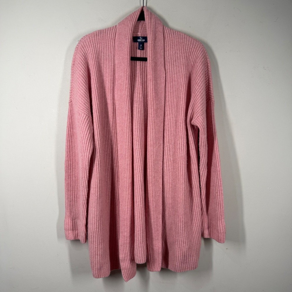 Lands End Pink 100% Cashmere Ribbed Open Front Shawl Cardigan Sweater M 10-12